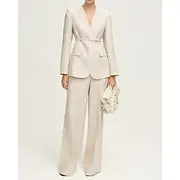 Collarless Blazer Two Piece Jumpsuit / Pantsuit Pantsuit Linen Blended Mother of the Bride Pantsuit Elegant Simple Minimalist V Neck Floor Length Long Sleeve w