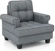 Giantex Mid Century Modern Accent Chair, Tufted Linen Single Sofa Chair with Thick Pillow & Cushion, Solid Rubber Wood Structure, Studded Upholstered Reading Arm Chair for Living Room, Bedroom, Grey