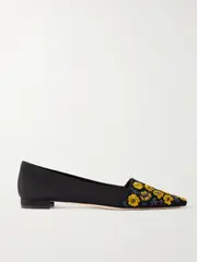 [Manolo Blahnik] Manolo Blahnik - Safiye Embroidered Crepe De Chine Point-toe Flats - Black - IT40 IT 40 Black
