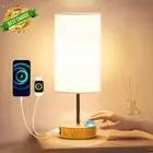 Touch Bedside Lamp – 3-Way Dimmable, USB A+C Ports, Linen Shade, Woodgrain Base