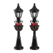 HOLIDAY TIME CHRISTMAS VILLAGE HOUSE ACCESSORIES - (2) BLACK LAMP POST W/ WREATH
