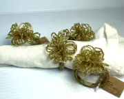Set of 4 Lurex Multi Loop Napkin Ring Beaded Flower Ring Gold Seed Bead on Wire