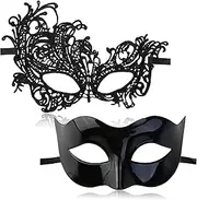 Siqian Masquerade Mask for Couples, 2 PCS Black Couple's Venetian Masks going Party, Venetian Mardi Gras Prom Mask, Masquerade Ball Masks for Men and Women