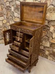 Walnut Wood Makeup & Jewelry Organizer Cabinet with Drawers Hand Carved Armoire