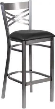 Clear Coated ''X'' Back Metal Restaurant Barstool with Black Vinyl Seat
