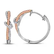 14k White Gold Round Diamond Rose-tone Rope Hoop Earrings 1/4 Cttw