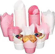 NOLITOY 200pcs Cupcake Liners Set Tulip Style Baking Cups White Pink Greaseproof Muffin Wrappers for Weddings Birthdays Parties Small Cake Baking Cups