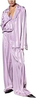 [Qiribati] Womens Silk Sleepwear Stripe Loungewear Pjs Sets Long Sleeve Button Shirt Top and Pants Pajama Set