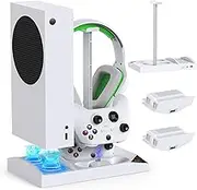 Upgraded Cooling Fan with Charging Stand for Xbox Series S Console and Controller, Dual Charger Dock Accessories with 2 x 1400mAh Rechargeable Battery and Cover, Headphone Mount for Xbox Series S