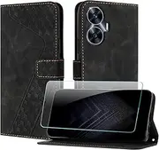 Mobile Phone Case for Oppo Realme C55 with Screen Protector, Flip Wallet PU Leather Realme C55 Case [Card Slot] [Magnet] [Stand] 360 Shockproof Protective Case - Black