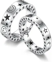 RIUKIU Star and Moon Smiley Face Couple Rings, Fashionable Stainless Steel Men's and Women's Rings,Silver,10