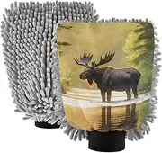 XYMZR Elk Sunlight Water Absorbent Microfiber Car Wash Mitt, Funny Cute Anime Scratch Free for Cars Cleaning, Home Cleaning Mitts, 2 Pack, 10.24” L x 7.09” W
