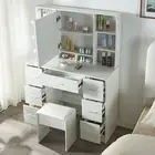 Modern Vanity Stool Set with 7 Drawers Led Lighted Make up Desk Dressing Table