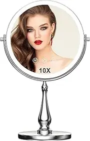 WIZCHARK 9" Large Lighted Makeup Mirror, 1X/10X Magnifying Vanity Mirror with 3 Colors Dimmable Lightning, 80 LED Lights, 360°Rotation Double Sided Standing Desk Mirror