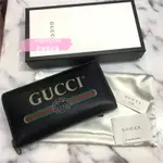 GUCCI 古馳 PRINT LOGO 496317 黑色 白色 皮革 印花拉鍊長夾 手拿包 肩背包 晚宴