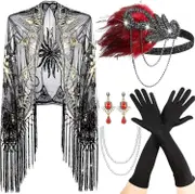 Morakot 5 Pcs 1920s Accessories Set Flapper Feather Headband Pearl Necklace Earrings Gloves Fringed Evening Cape Scarf for Women black Exquisite Style