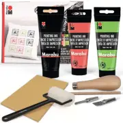 Block Printing Kit - Linocut with 3 x 100ml Ink, Cutter, Rubber Block, and Br...