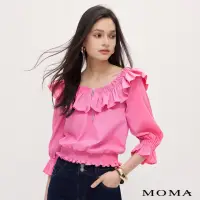在飛比找momo購物網優惠-【MOMA】甜美荷葉一字領上衣(桃紅色)