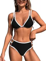 [Joyhas] Women's Two Piece Bikini Sets Color Block Double Shoulder Straps Triangle Swimsuit String Self Tie Bathing Suit, Black, Large