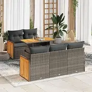 6 Piece Garden Sofa Set with Cushions Grey Poly Rattan Acacia Patio Bar Sets