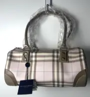 BURBERRY Pink Papillon Barrel Nova Plaid Leather Trim Handbag Luxury Purse NEW