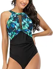 [Generic] Womens One Piece Swimsuits Plunge Mesh Cutout V Neck Printing Bathing Suits Sexy Plus Size Tummy Control Swimwear