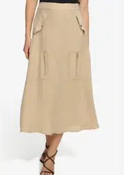 NEW DKNY Womens L Drapey Organza Zip Pocket Cargo Midi Skirt Sandalwood Camel