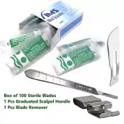 100 Surgical Sterile Blades #22+Scalpel Knife Handle #4 Graduated+Blade Remover
