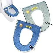 2PCS Warm Plush Toilet Seat Cover Pad with Handle and Zipper Washable and Reusable (Blue+Green)
