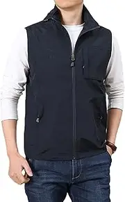 [AKTQL88] Men's Multi-Pocket Vest Outdoor Casual Fishing Gilet Sleeveless Hooded Photography Waistcoat Windproof Jacket