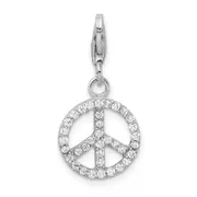 Sterling Silver Amore La Vita Rhodium-Plated Polished Cz Peace Sign Charm With Fancy Lobster Clasp