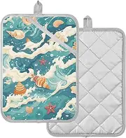 Pot Holder Heat Resistant Summer Beach Blue Shells Hotpads with Pocket 2 Pack