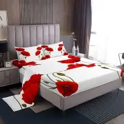 Manfei Floral Sheet Set Full Size Red Poppy Flower Print Bedding Set for Kids...