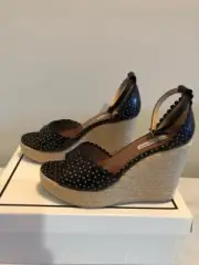 NWB Tabitha Simmons Harp Eyelet Leather Espadrille Black Wedges, Size 40