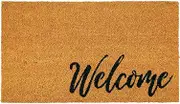 mDesign Non-Slip Rectangular Coir and Rubber Entryway Welcome Doormat with Natural Fibers for Indoor or Outdoor Use - Decorative Script Design - Natural/Black Letters