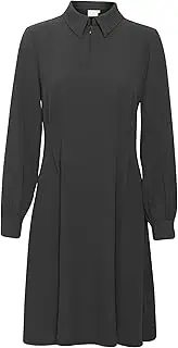 [KAFFE] Women's Dress Half Zip Neck Collar Long Sleeves Knee Length Fit and Flare, Black Oyster, 8 AU