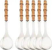 Natural Bamboo Handle Serving Spoons Set of 6, Large Size Stainless Steel Dinner Buffet Catering Banquet Serving Spoons, 10.0" Silver Big Ladle Tablespoons for Home, Family Serving Utensils