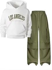 [Hilinker] Girl's 2 Piece Outfits Long Sleeve Graphic Hoodies and Cargo Pants Clothing Sets