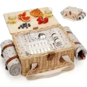 Picnic Basket for 2, Handmade Wicker Picnic Set with Folding Table and