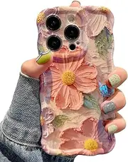 UEEBAI Case for iPhone 15 Pro Max 6.7 inch, Colorful Retro Oil Painting Flower Case Pretty Glossy Pattern Wave Case Cute Sparkly Floral Curly Cover Stylish Soft Case for Women and Girl - Pink