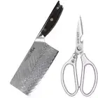 Japanese 7in Cleaver Chopper Knife VG10 Damascus Steel + Kitchen Scissors Shears