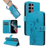 Phone Case For Samsung Galaxy S24 S23 S22 S21 Ultra Plus S21 FE A53 S25 Ultra Wallet Case Embossed Full Body Protective with Wrist Strap Tree Butterfly TPU PU