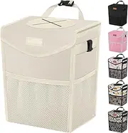 Car Trash Can with Lid, Cute Leakproof Car Trash Garbage Bag Hanging Vehicle Trash Bin Small Portable Automotive Garbage Cans Organizer for Back/Front Seat(Trapezoid,Beige