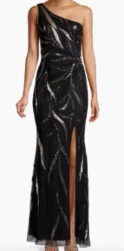 NWT Aidan Mattox One-Shoulder Beaded Slit Gown Black Size 12