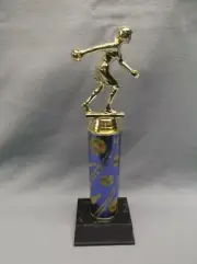 BOWLING female theme blue column trophy award weighted black base