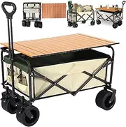 Collapsible Folding Wagon with Board Desktop, Beach Trolley cart, Bearing Capacity 175kg Shopping Trolley,10CM Wide Big Wheels with Brakes,Portable Wagon Cart for Garden, Outdoor, Camping, Shopping
