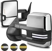 AUTOSTARSHIP Towing Mirrors w/Power Heated Compatible for 2008-2013 Chevy GMC Serria Yukon Silverado Tahoe Suburban w/Sequential Turn Signal Light + Reverse Light + White Running Light- 2 PCS (Chrome)