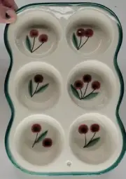 Hartstone Stoneware Hand Painted Cherry Muffin Cupcake Pan Green Edge Initialed