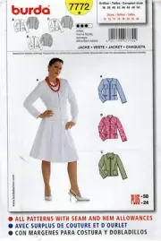 Burda 7772 Semi-Fitted Jacket w Princess Seams, Stand Collar Sz 10-24 UNCUT