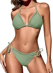[Zojuyozio] Women Two Piece Swimsuit Halter Triangle Hollow Out Bathing Suits Cheeky String Bikini Sets, Light Green, Small
